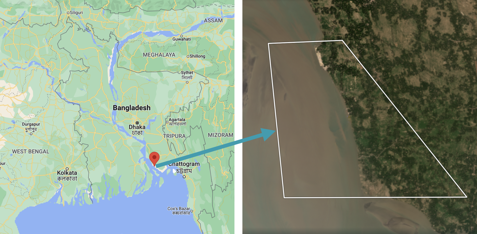 Bangladesh coastline study area with map