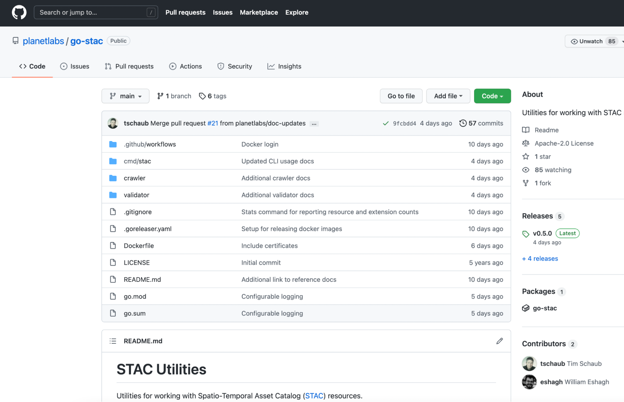 Planet Labs GitHub repository for the go-STAC utilities for working with Spatio-Temporal Asset Catalog (STAC) resources.