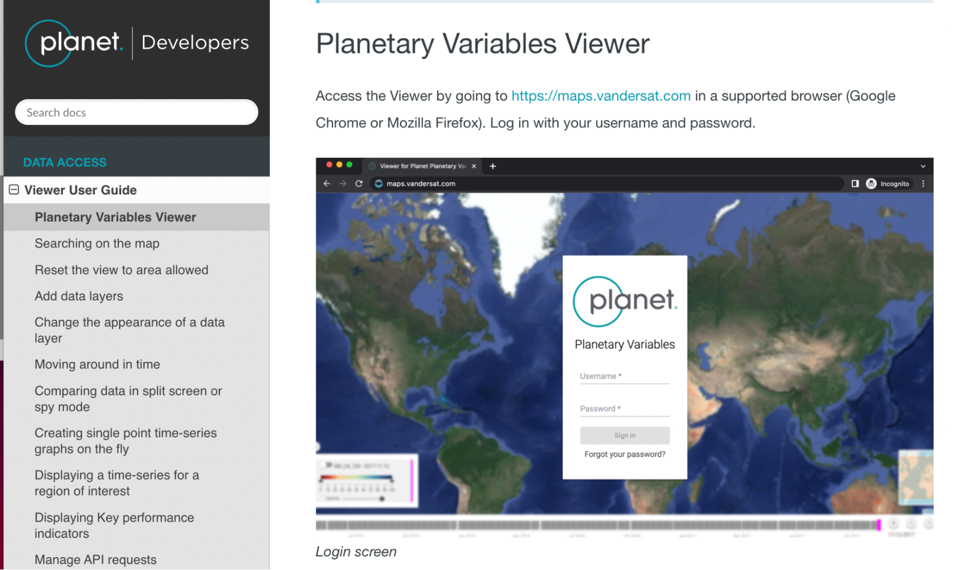 Access the Planetary Variables Viewer by going to https://maps.vandersat.com in a supported browser (Google Chrome or Mozilla Firefox). Log in with your username and password.